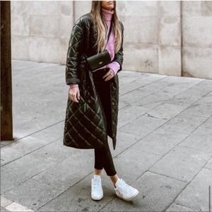 NWT Zara Black Faux Leather Quilted Longline  Button Front Padded Puffer Coat S